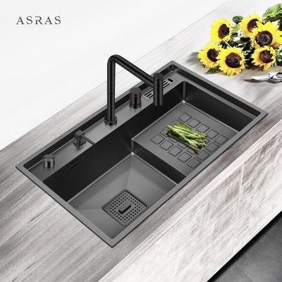 China Asras SUS304 Black Nano Handmade Step Sink with Drain and Kitchen Faucet-8048NJ-1 for sale