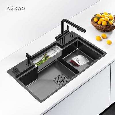 China Asras SUS304 Black Nano Handmade Step Sink with Drain and Kitchen Faucet-8347NJ-1 for sale