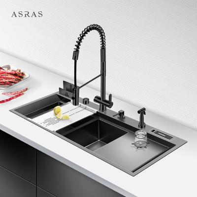 China Asras SUS304 black nano handmade sink with cup washer with drain and kitchen faucet-12050NX-1 for sale