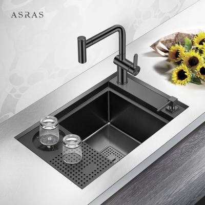 China Asras SUS304 Black Nano Handmade Stepped Cup rinser Sink with Drain Pipe and Kitchen Faucet-6038NX-2 for sale