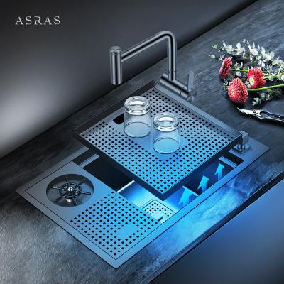 China Asras SUS304 Black Nano Handmade Stepped Cup rinser Sink with Drain Pipe and Kitchen Faucet-6038NX-3 for sale