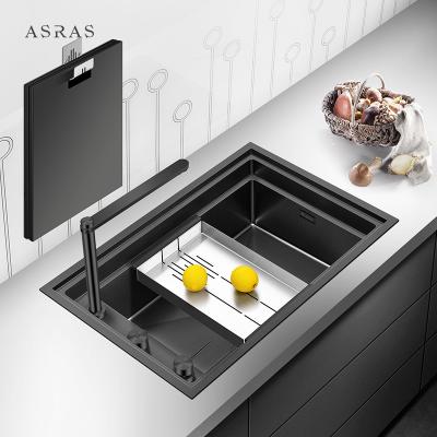 China Asras SUS304 black nano invisible handmade sink with drain and kitchen faucet-6443NS-2 for sale