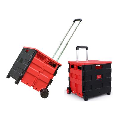 China Hot Sale Collapsible Traction Folding Rolling Trolley With Telescopic Handle Plastic Shopping Trolley for sale