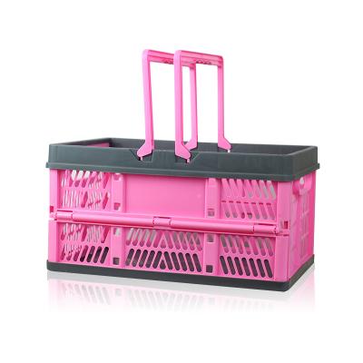 China Wholesale Household Storage Bin Plastic Rolling Collapsible Container Viable Handle Folding Utility Shopping Basket for sale