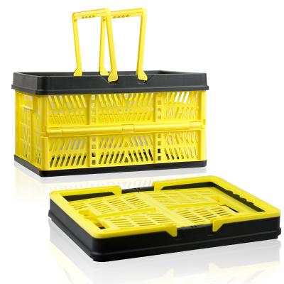 China Foldable Supermarket Shopping Food Fruit Handle Cheap Wholesale Plastic Folding Large Storage Baskets for sale