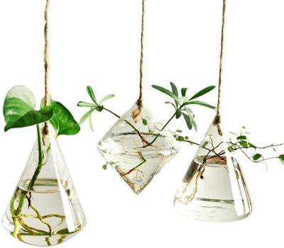 China Modern Indoor Outdoor Hanging Glass Air Plant Container Flower Vase 3 Shapes Bulk Hydroponic Plant Vases for sale