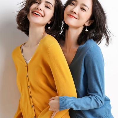 China Autumn Solid Color V-Neck Women's Anti-pilling Knitted Cardigan Sweater Straight Long Sleeve Coat for sale