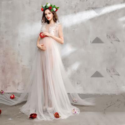 China Radiation Protection Pregnant Woman Net Yarn Color Pure Transparent Short Sleeve Dress Photography Shoot Elegant Maternity Dress for sale