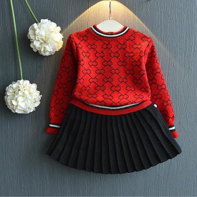 China New Style 2021 Soft Spring Autumn Custom Print Kids Sweater 2 Piece Sets Pleated Skirt Set For Little Girls for sale