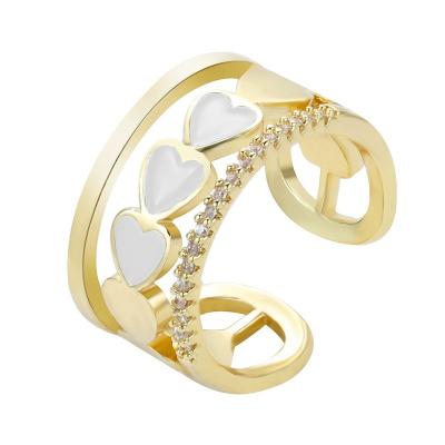 China Hiphop Heart Shape Oil Zircon Ring Micro Inlaid Double Layer Copper Drip Wide Open Ring for sale