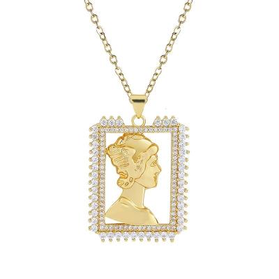 China TRENDY copper plating micro-inlaid rectangular hollow necklace portrait shape design necklace sweater chain fashion jewelry for sale