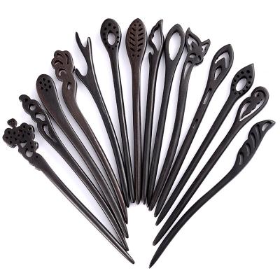 China Chinese DIY Antique Jewelry Accessories Natural Ebony Wood Carved Chinese Hairpin Fashion Old Hairpin 180mm for sale