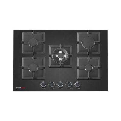 China Household Multifunctional Tempered Glass Black Gas Counters Kitchen With 5 Burner Gas Stove for sale