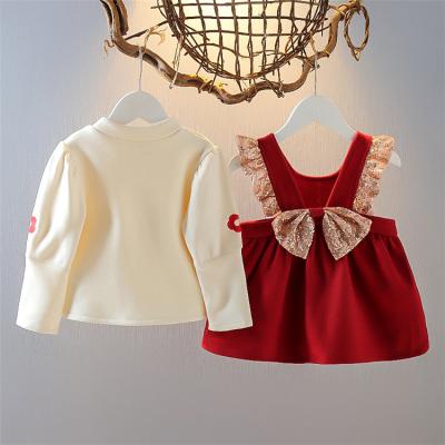 China Lolita Style Fashion Kids Designers Dress Princess Velvet Bowknot Dresses Winter 2Pcs Christmas Outfit Suit for sale