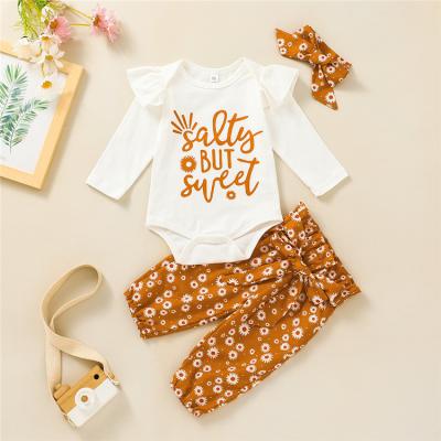 China Letter Print Infant Vintage Baby Fly Long Sleeve Romper Flower Pants Toddler Clothing Suit for sale