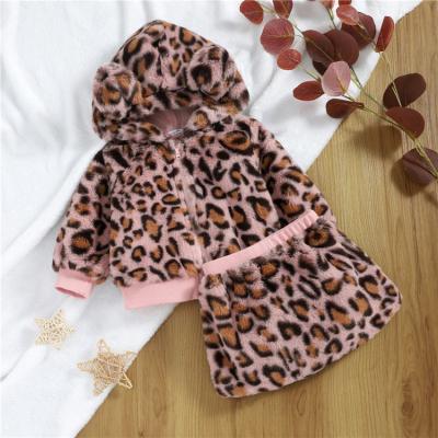 China Girl's Preppy Outfits Style Suit Leopard Two-Piece Plush Long Sleeve Coat Short Skirt Elastic Outfit 9M-3T for sale