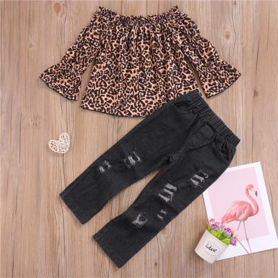 China Little Girl T-shirt Pants Suit Fashion Leopard Trumpet Sleeve Casual Tops And Ripped Jeans 1-6T for sale