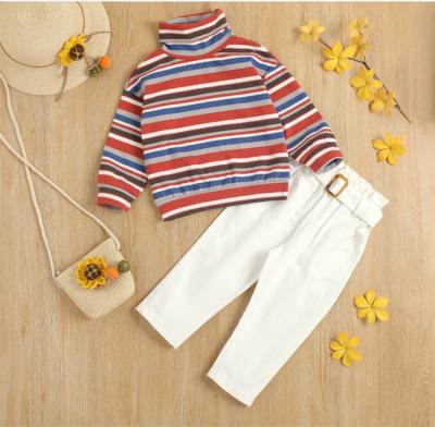 China Autumn casual long sleeve turtle neck multicolor striped tops + pure color casual pants with belt girls border suit for sale