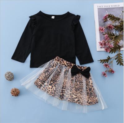 China Girls Autumn Bow Leopard Mesh Skirt Child Casual Outfit Long Sleeve Suit Children's Clothing Set Casual Children's Clothing Set for sale