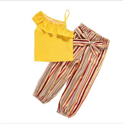 China Fashion Bohemian Girls Suit 2PCS Summer Solid Color Bohemian Top Striped Pants Long Kids Clothes Set for sale