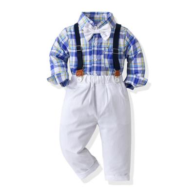 China Newest Formal Baby Dress Suit Toddler Boys 2PCS Lattice Shirt Suspenders Pants Infant Outfits Set for sale