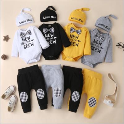 China Hip Hop Baby Boy Clothing Suit 3PCS Newborn Long Sleeve Letter Printed Romper Toddler Outfit Sets With Hat for sale