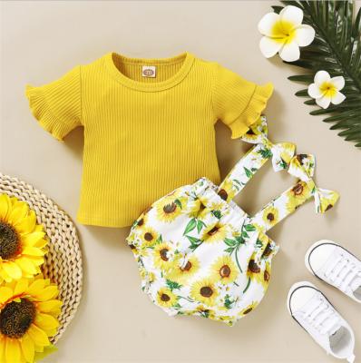 China 2021Baby Girls Breathable Clothes Outfits Full Sleeve Ribbed Knitted Short T-Shirt Sunflower Suspenders Shorts Sets Toddler Infant Outfit for sale