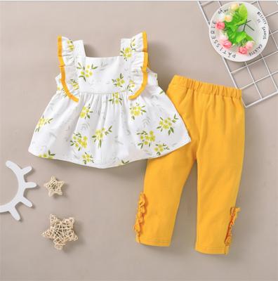 China Aummer Kids Wear Breathable Infant Set 2 PCS Sleeveless Yellow Floral Costume Girls Set Clothes Toddler Girl Clothes With Panty for sale