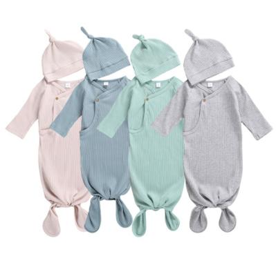 China Breathable Newborn Infant Pajamas Cotton Solid Color Button Up Toddler Boy Girl Ribbed Tie Knotted Baby Sleep Dress With Hat for sale