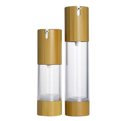 China 15ml 30ml 50ml Lotion Pump Press Design Clean Unpolluted Prime Cosmetic Packaging Bottle Bamboo Airless Lotion Bottle for sale