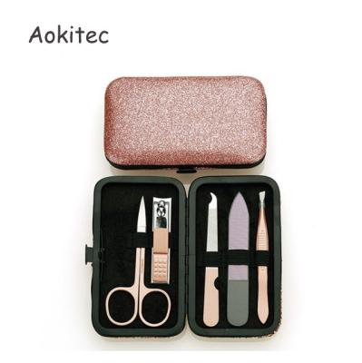 China Aokitec Durable Luxurious Portable Stainless Steel 5 PCs Rose Gold Manicure Pedicure Set for sale