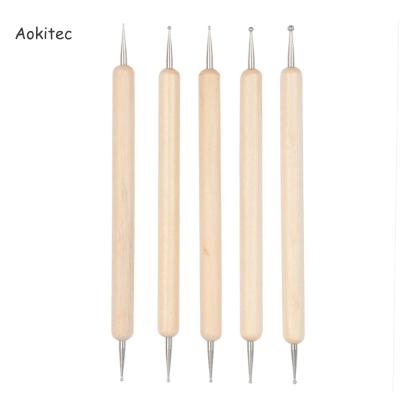 China Durable Aokitec 5 Pcs Set Original Wooden Double Ended Manicure Tool Nail Art Dotting Pen for sale