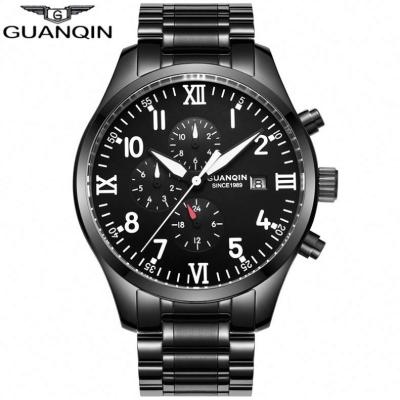 China GUANQIN 16012 Alarm Western Black Futuristic Luminous Steel Hand Big Dial Storage Calendar Strap Watch Mechanism Automatic Gents Watch Set for sale