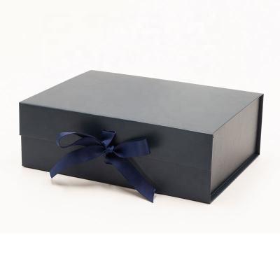 China Recycled Materials Custom Deep Navy Blue Color And Rigid Ribbon Folding Gift Box With Apparel And Shoe Packaging for sale