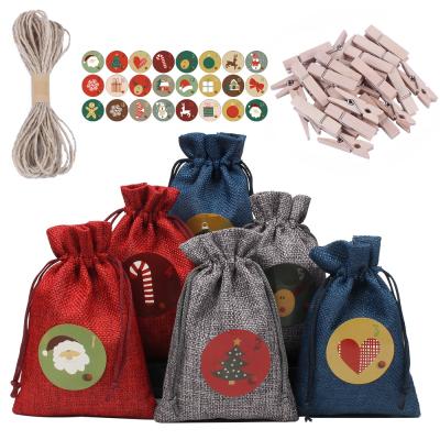 China Wholesale Cheap Eco-Friendly 24 Pieces Small Decorative Cloth Advent Calendar Beam Mouth Linen Bag Christmas Gift Hanging Hanging Set for sale