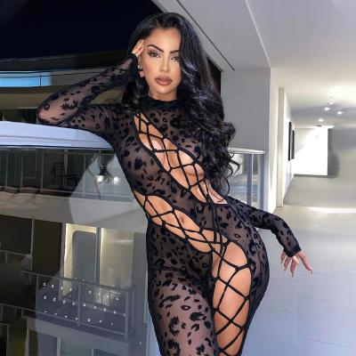 China 2023 new arrival sexy QUICK DRY bandage women's overalls long sleeve hollow out jumpsuit leopard one-piece jumpsuit for sale