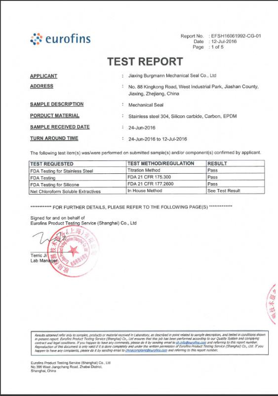 FDA - Jiaxing Burgmann Mechanical Seal Co., Ltd. Jiashan King Kong Branch