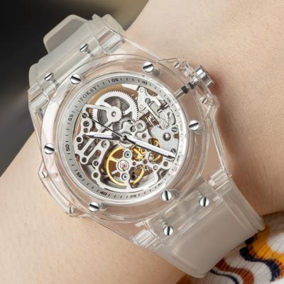 China Power Reserve OEM Accept Custom Logo Skeleton Mens Automatic Watches Fashion Plastic Case for sale