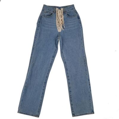 China New Fashion High Waisted Loose Casual Denim Blue Jeans Ladies Breathable Lace Up Pants for sale