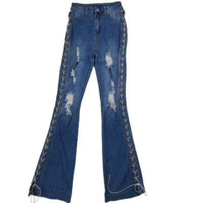 China Breathable High Waisted Ripped Skinny Blue Jeans Ladies Fashion Casual Denim Flared Pants for sale