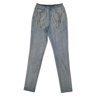 China New Fashion Pearl Chain Breathable Skinny Ladies Blue Jeans Casual Denim Pencil Pants for sale