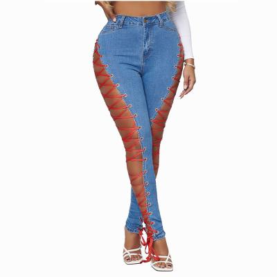 China Cusdom Women's Breathable High-waisted, Sexy Stretchy Strappy Jeans Wholesale for sale