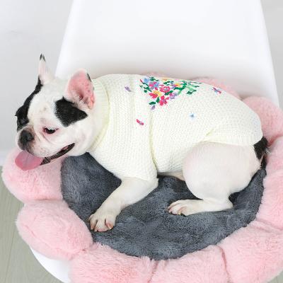 China Sustainable Pet Apparel Knitted Luxury Embroidery Flower Cat Clothes Winter Warm Pet Dog Sweater Apparel for sale