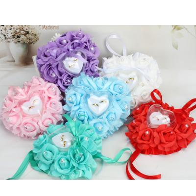 China Durable Hot Selling Western Creative Foam Rose European Wedding Heart Ring Pillow Bride Flowers for sale