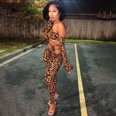 China 2021 summer new women's fashion lace-up off the shoulder QUICK-DRY sexy oblique leopard print sports suit two-piece suit for sale