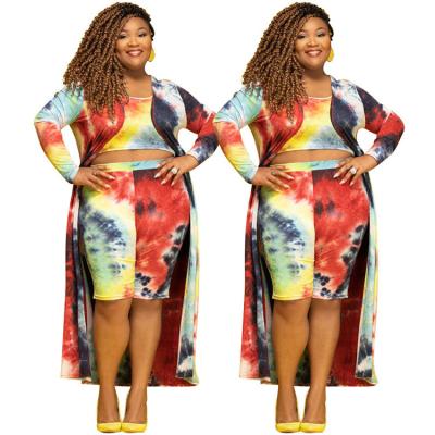 China 2021 QUICK DRY women tie dye three piece long sleeve set with irregular print and loose plus size women for sale