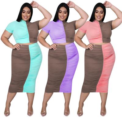 China QUICK DRY XL-5XL Women Plus Size Contrast Color Quilting Pleated Long Skirt Two Piece Suit for sale