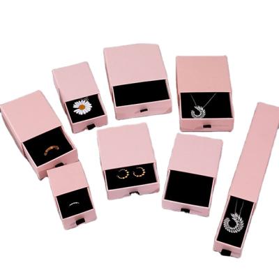 China Custom Luxury Handmade Logo Pink Jewelry Packaging Drawer Bracelet Packaging Gift Box With Free Foam for sale