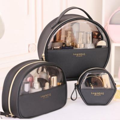 China Multi-choices 3pcs Frosted Waterproof Clear Toiletry Pouch Stand Makeup PU Cosmetic Bag for sale