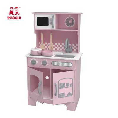 China Unique Style Wooden Solid Wooden Kids Toys Large Pink Wooden Food Kitchen Set Toy For Kids 3+ for sale